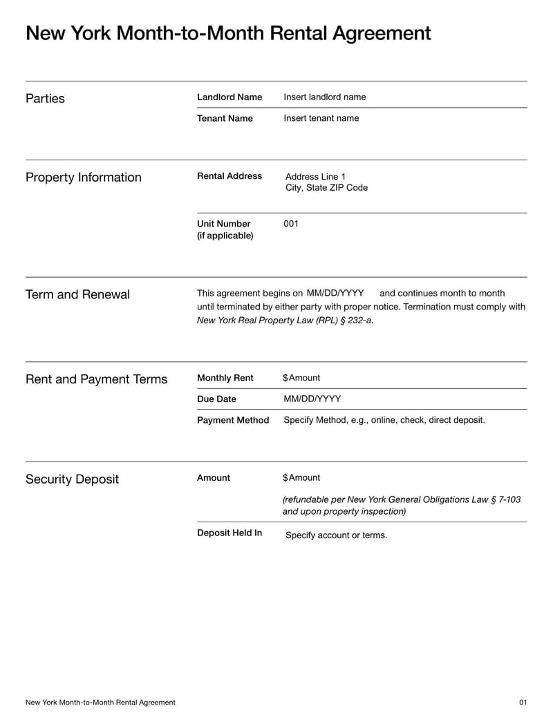 New York Month-to-Month Rental Agreement for outlining flexible lease terms, rent payments, security deposits, and termination procedures