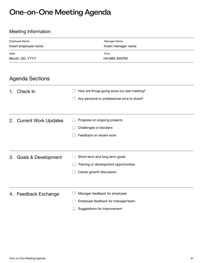One-on-One Meeting Agenda with sections for check-in, updates, goals, feedback and action items