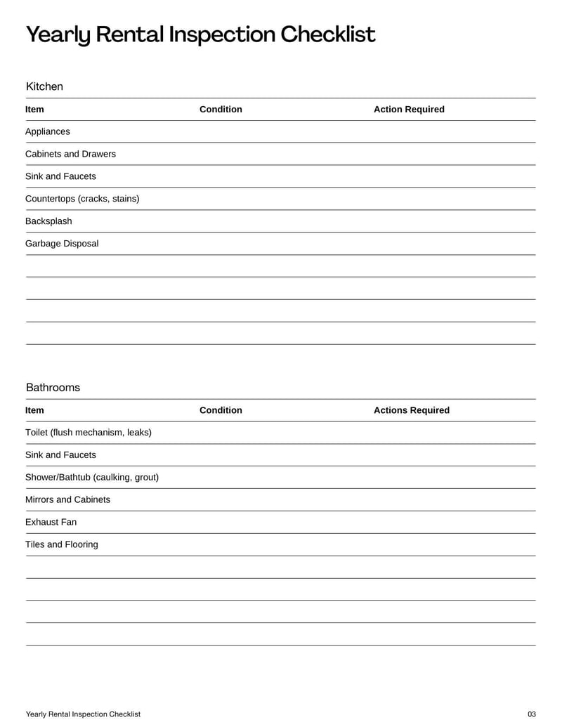 Yearly Rental Inspection Checklist for evaluating a property's condition, including structural elements, safety features, and maintenance needs