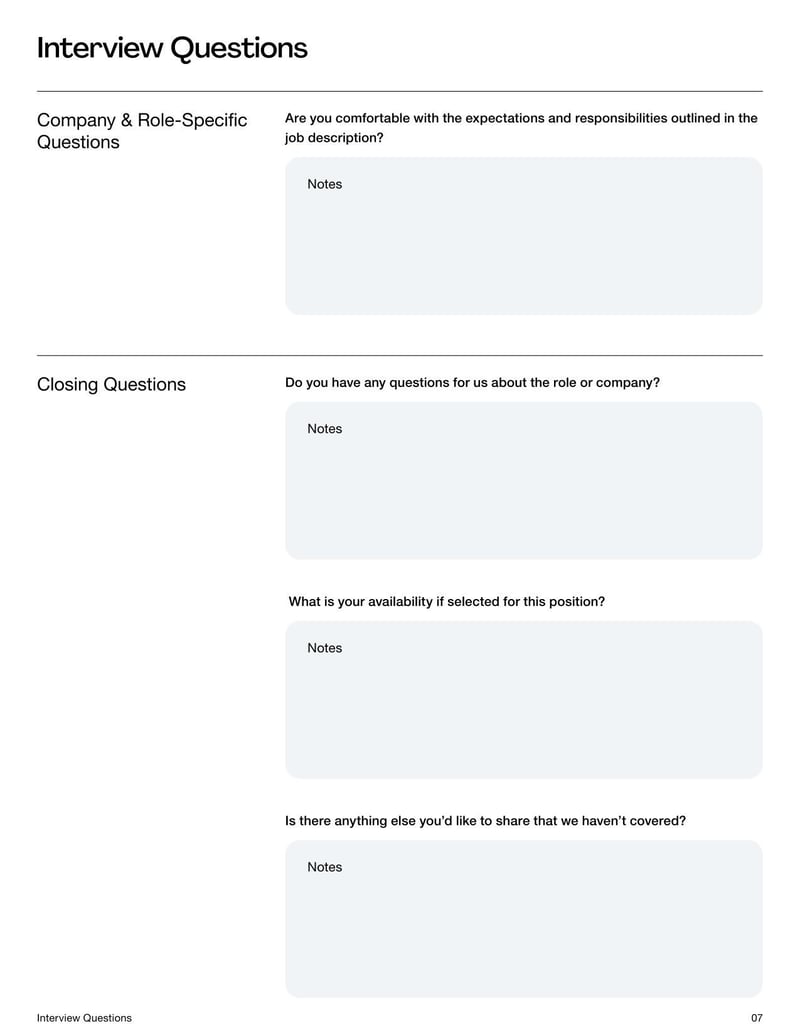 Interview Questions Template for structuring job interviews and evaluating candidates effectively