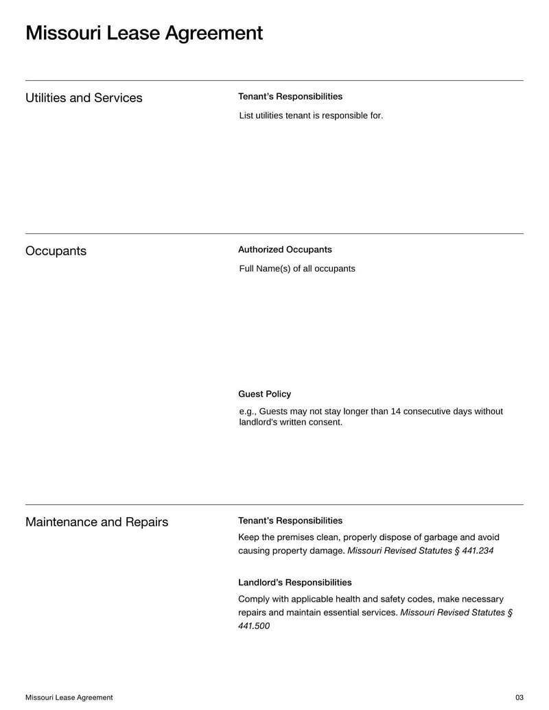 Missouri Lease Agreement document with landlord and tenant terms