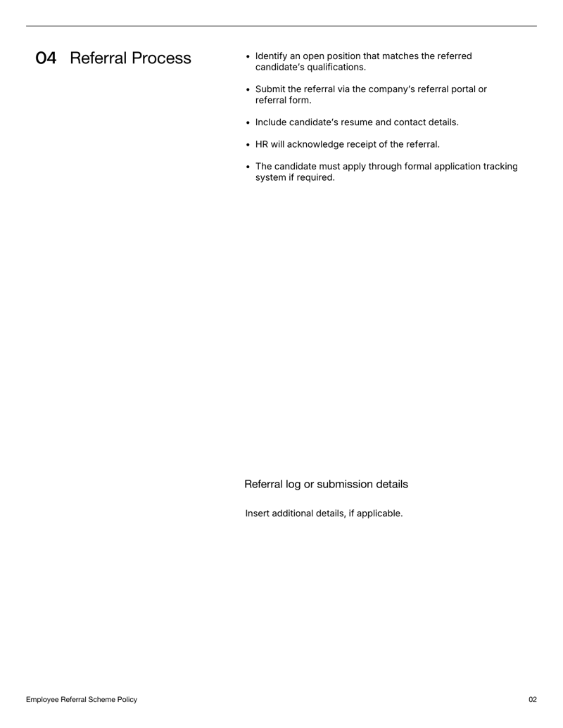 Employee Referral Scheme Policy template with sections for eligibility, referral process, incentives, exclusions and acknowledgment