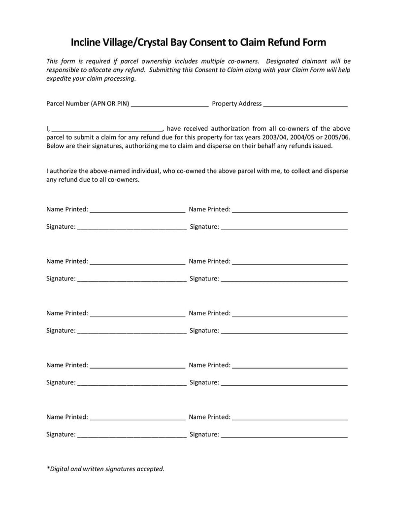 Large thumbnail of Incline Village/Crystal Bay Consent to Claim Refund Form - Nov 2020