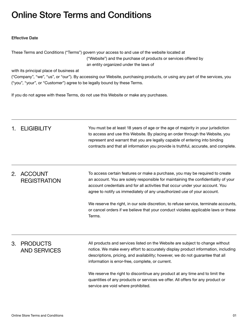 Online Store Terms and Conditions covering purchase terms, payment and dispute resolution