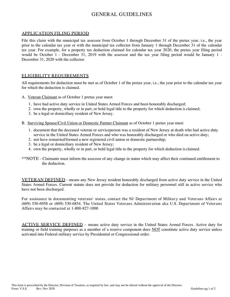 Large thumbnail of Property Tax Deduction Claim By Veteran or Surviving Spouse/Civil Union or Domestic Partner of Veteran or Serviceperson - 2020