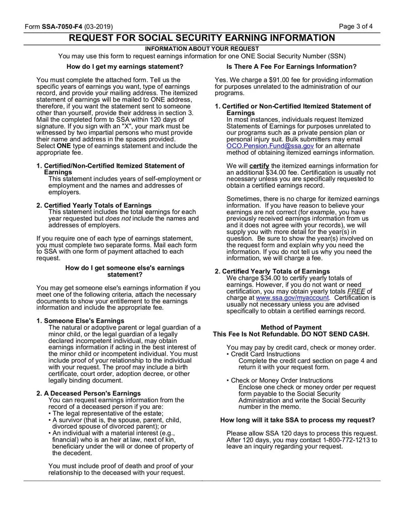 Large thumbnail of Request for Social Security Earnings Information (Form SSA-7050-F4) - Mar 2019