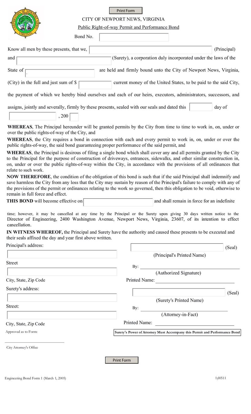 Large thumbnail of Public Right-of-Way Permit and Performance Bond Form - Aug 2012