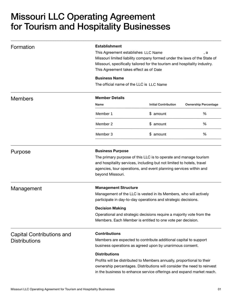 Missouri LLC Operating Agreement for Tourism and Hospitality Businesses detailing management for a Missouri LLC in tourism and hospitality