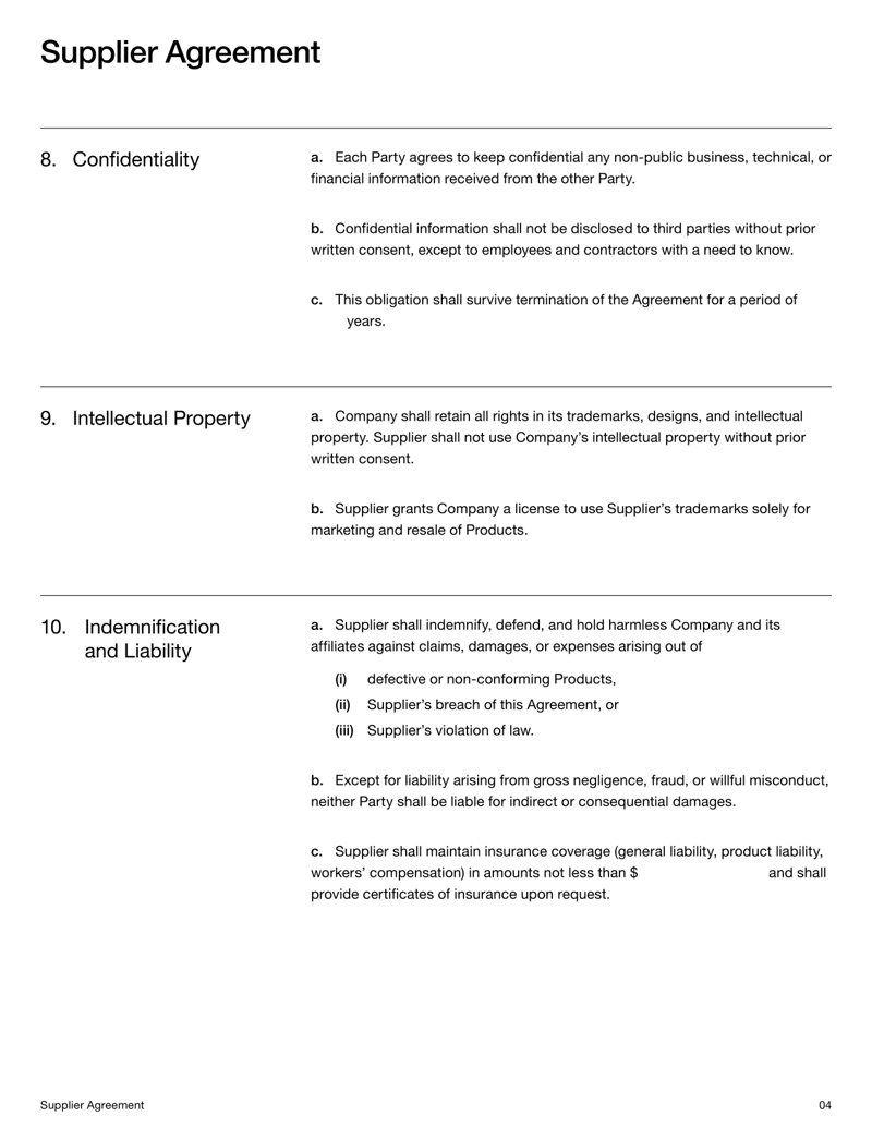 Supplier Agreement template detailing supply terms, pricing, warranties and dispute resolution