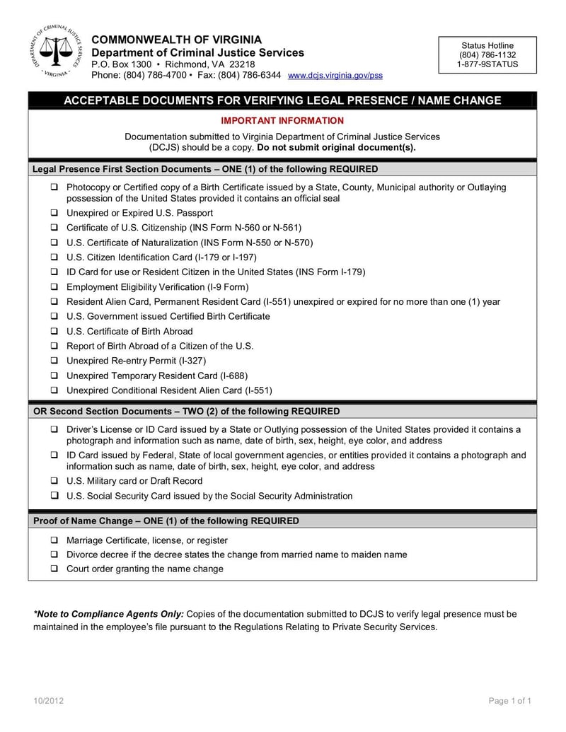 Acceptable Documents for Verifying Legal Presence / Name Change 
