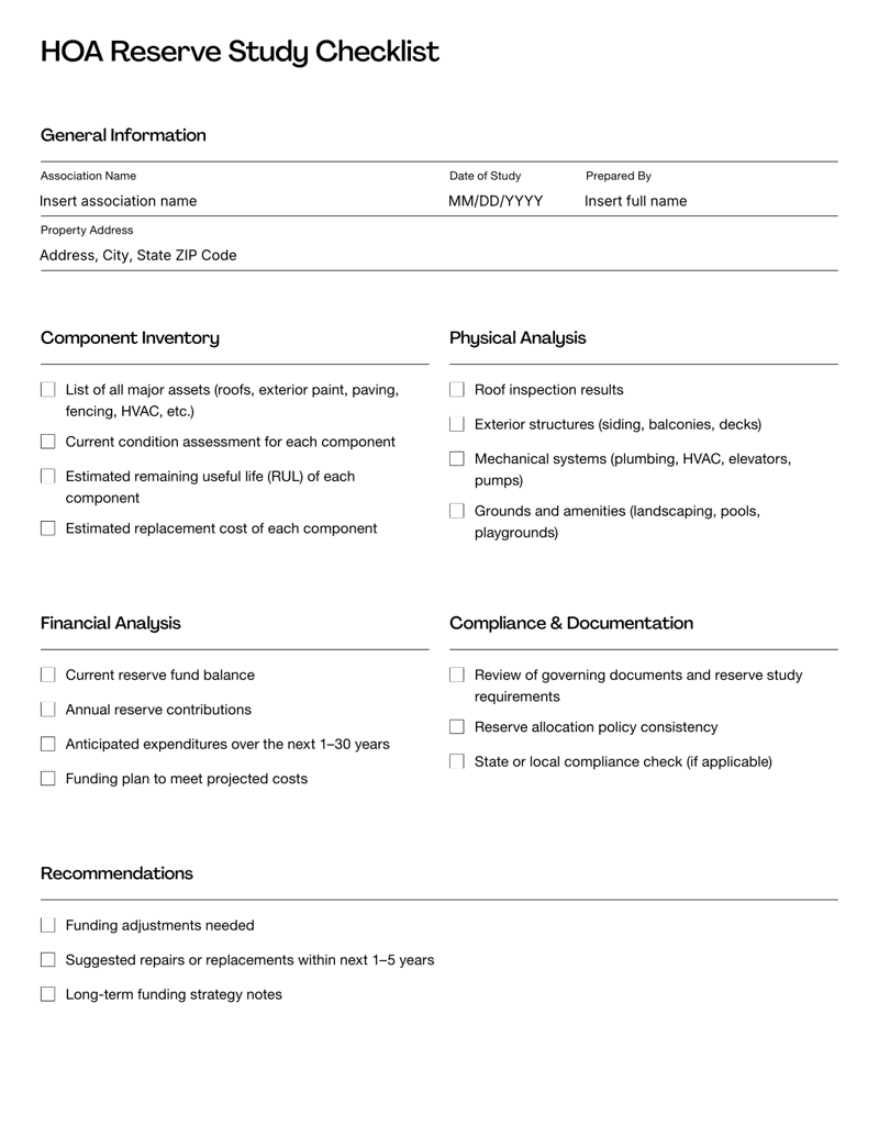 HOA Reserve Study Checklist with sections for component inventory, physical analysis, financial review and recommendations