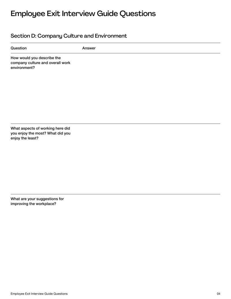 Employee Exit Interview Questions guide listing structured questions in sections on reasons for leaving, role experience, manager feedback, culture, compensation and final thoughts