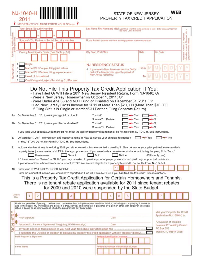 Large thumbnail of Property Tax Credit Application (Form NJ-1040-H) - Dec 2011
