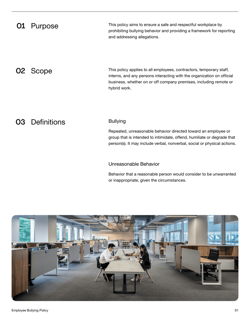 Employee Bullying Policy document outlining definitions, reporting procedures, support, enforcement and sign-off sections