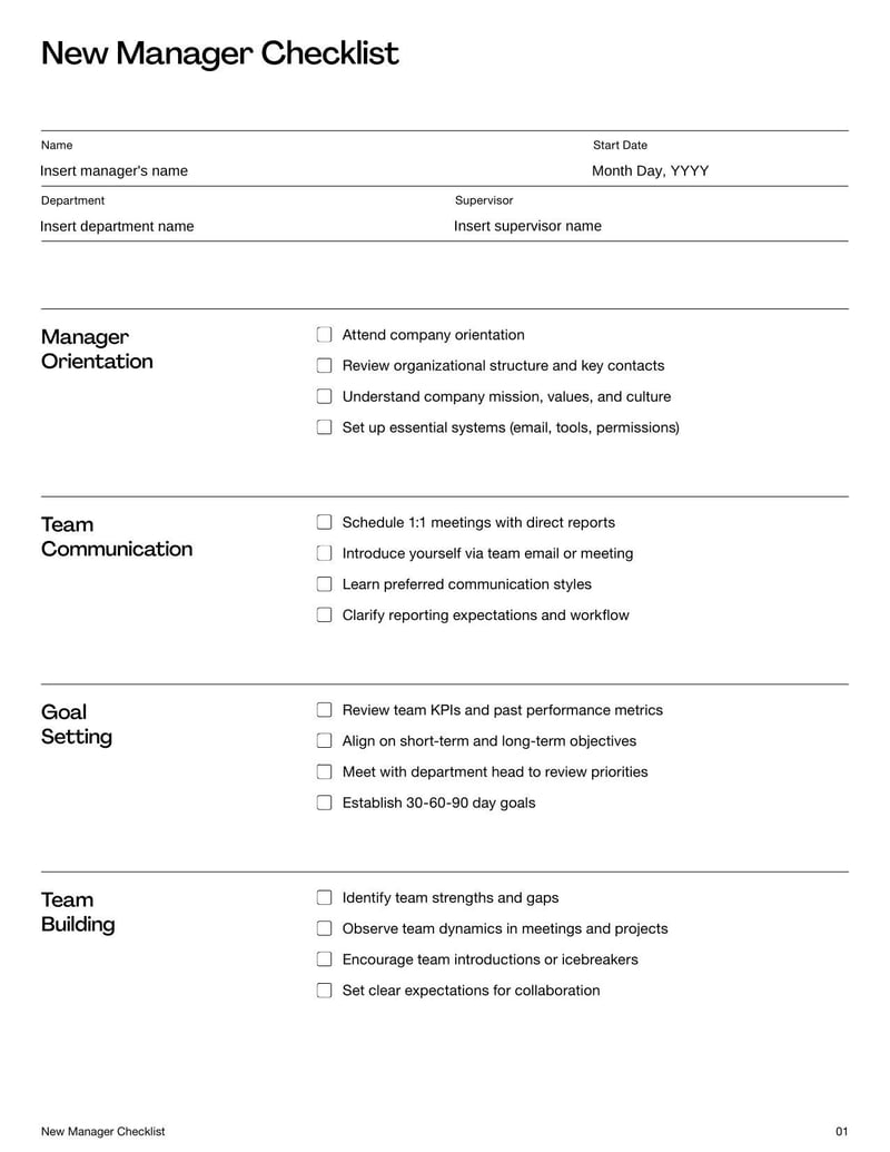 New Manager Checklist for guiding first-time managers through onboarding, training, and leadership responsibilities