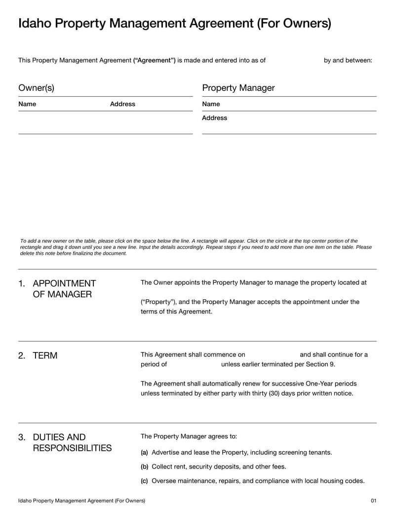 Property Management Agreement for Idaho  property owners detailing terms for managing rental properties