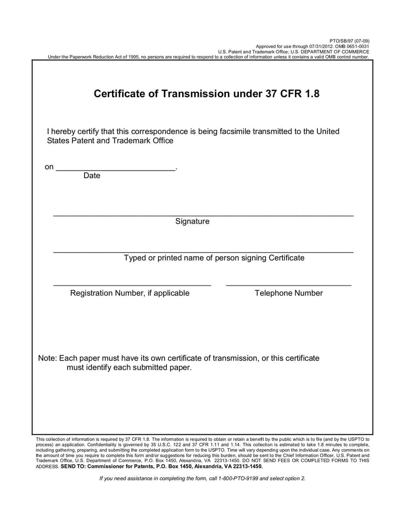 Large thumbnail of Form PTO/SB/97 Certificate of Transmission Under 37 CFR 1.8 - Jul 2009