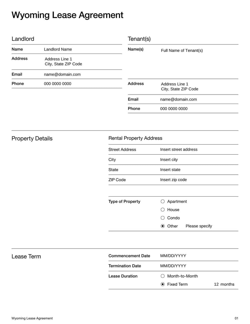 Large thumbnail of Wyoming Lease Agreement Template