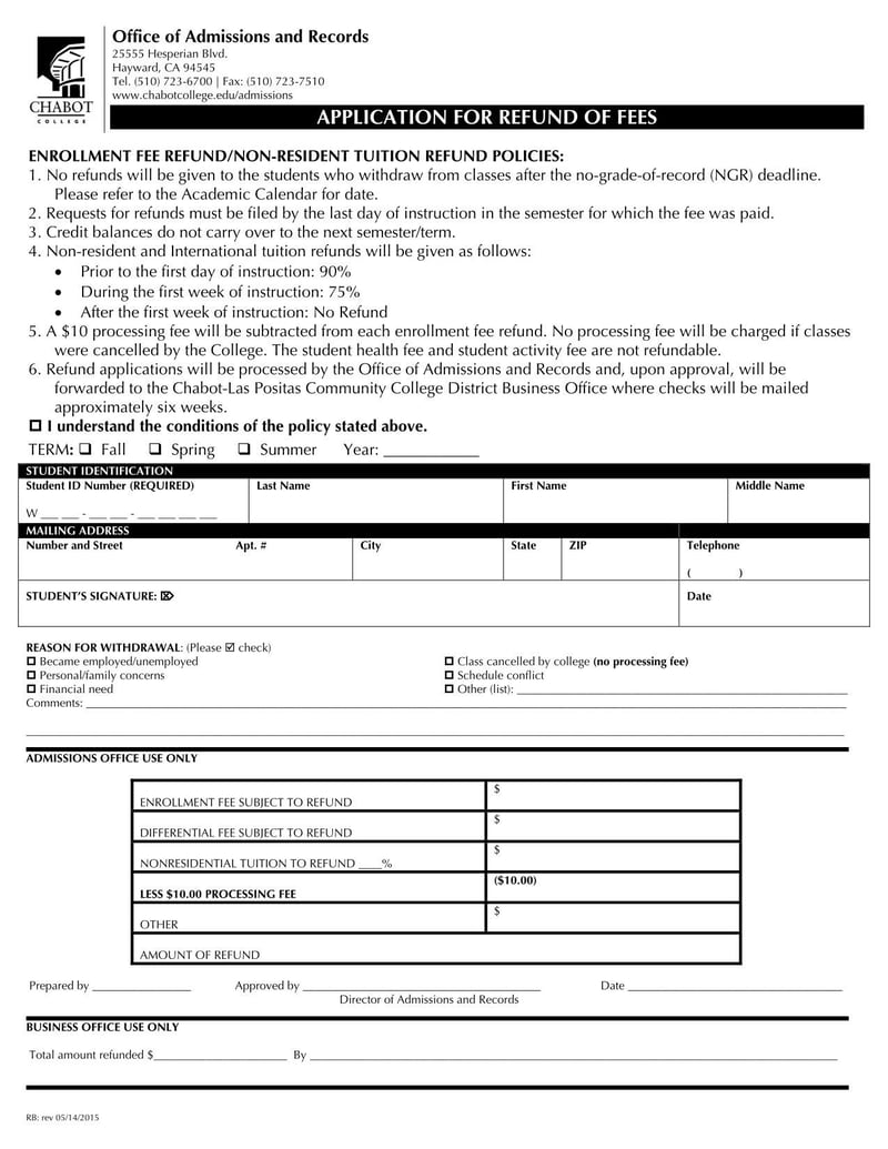 Large thumbnail of Chabot College Application for Refund of Fees