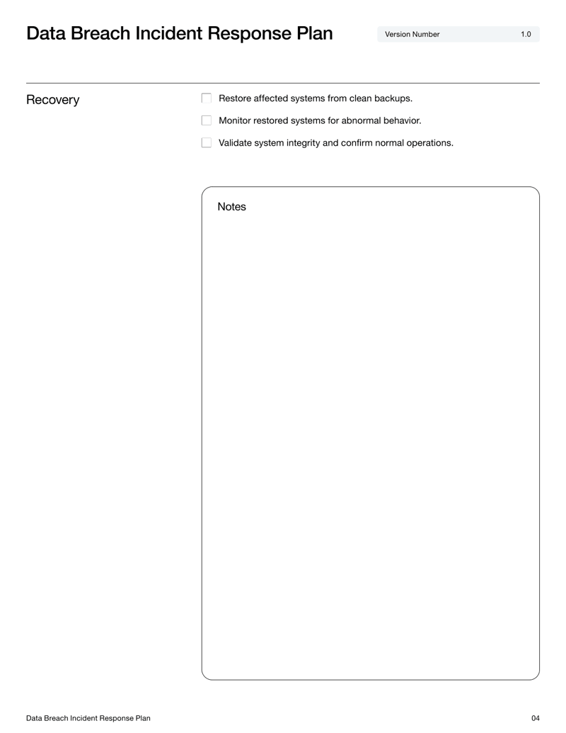 Data Breach Incident Response Plan template with sections for incident identification, containment, investigation, recovery and post-incident review