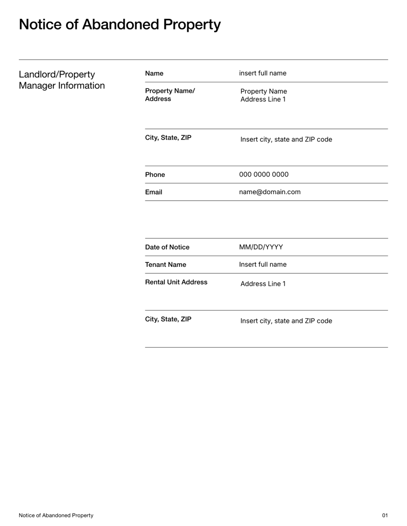 Notice of Abandoned Property form with landlord, tenant, and property details plus signature fields