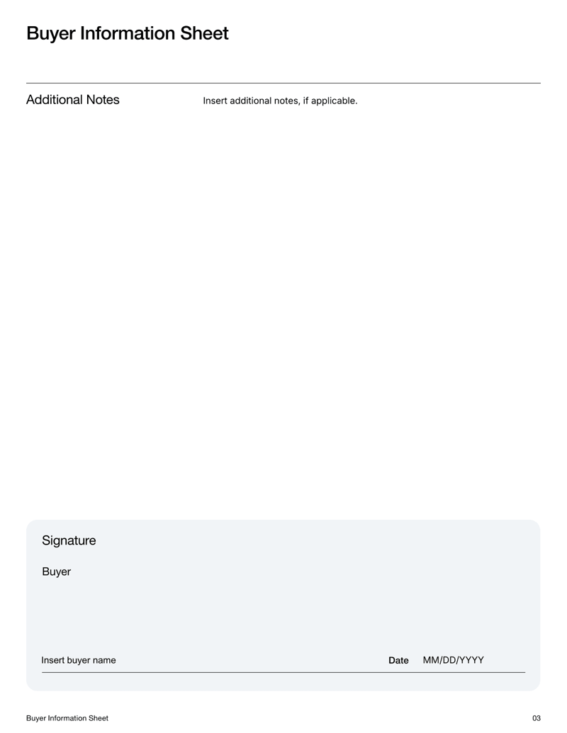 Buyer Information Sheet Real Estate with sections for contact details, property preferences, financial information and timeline