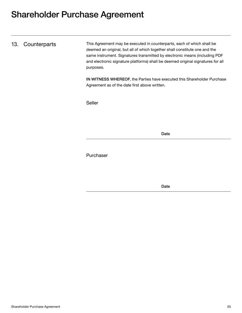 Shareholder Purchase Agreement with sections for share transfer terms, purchase price and dispute resolution