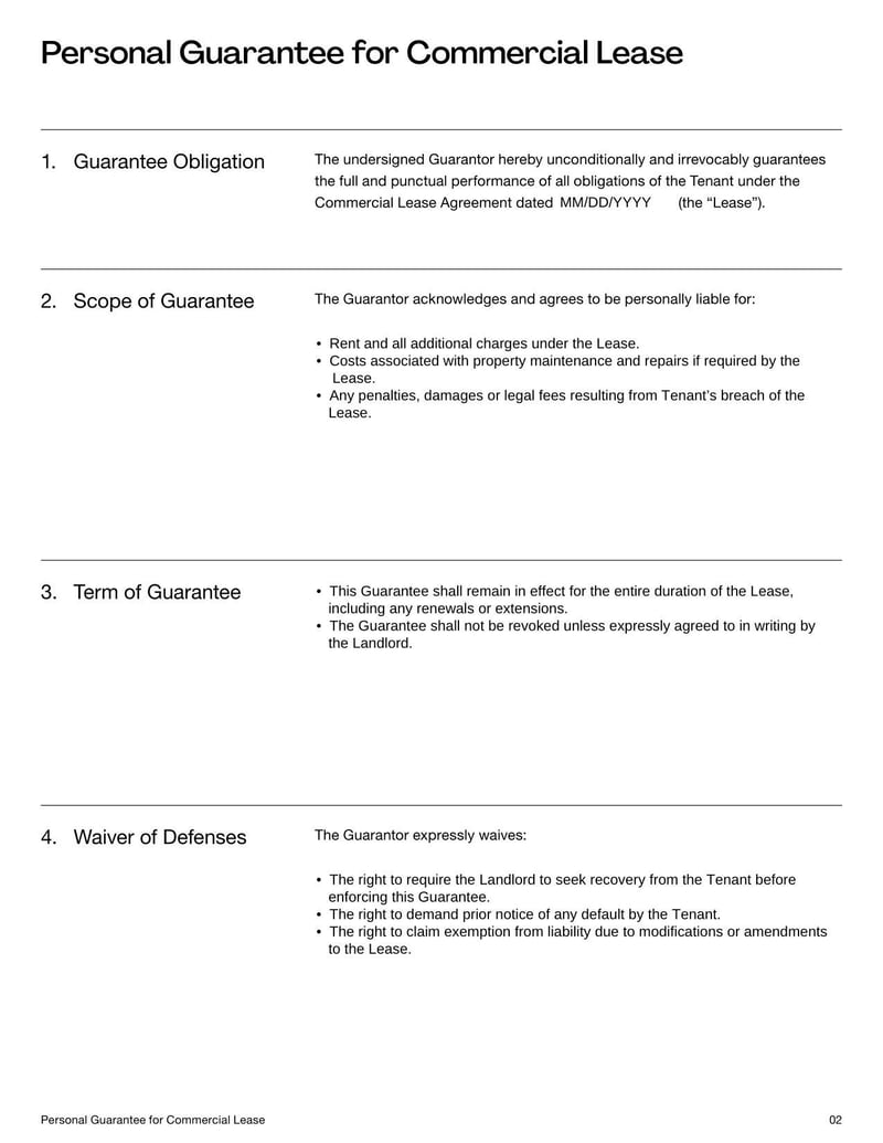 Personal Guarantee for Commercial Lease form outlining guarantor's financial responsibility