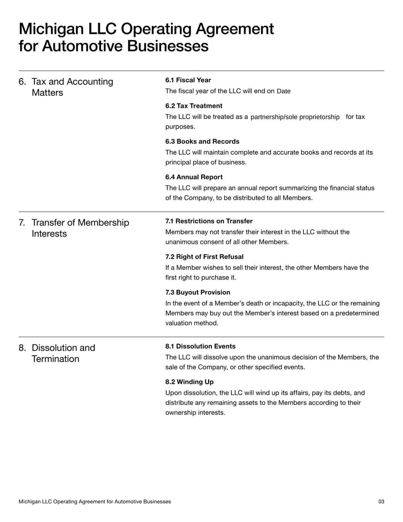 Michigan LLC Operating Agreement for Automotive Businesses outlining operations for a Michigan LLC in the automotive industry