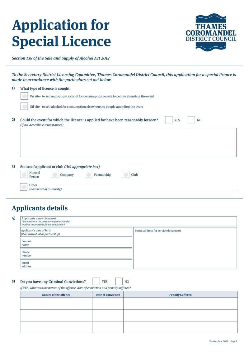 Large thumbnail of Special Licence Application Form - Jun 2021