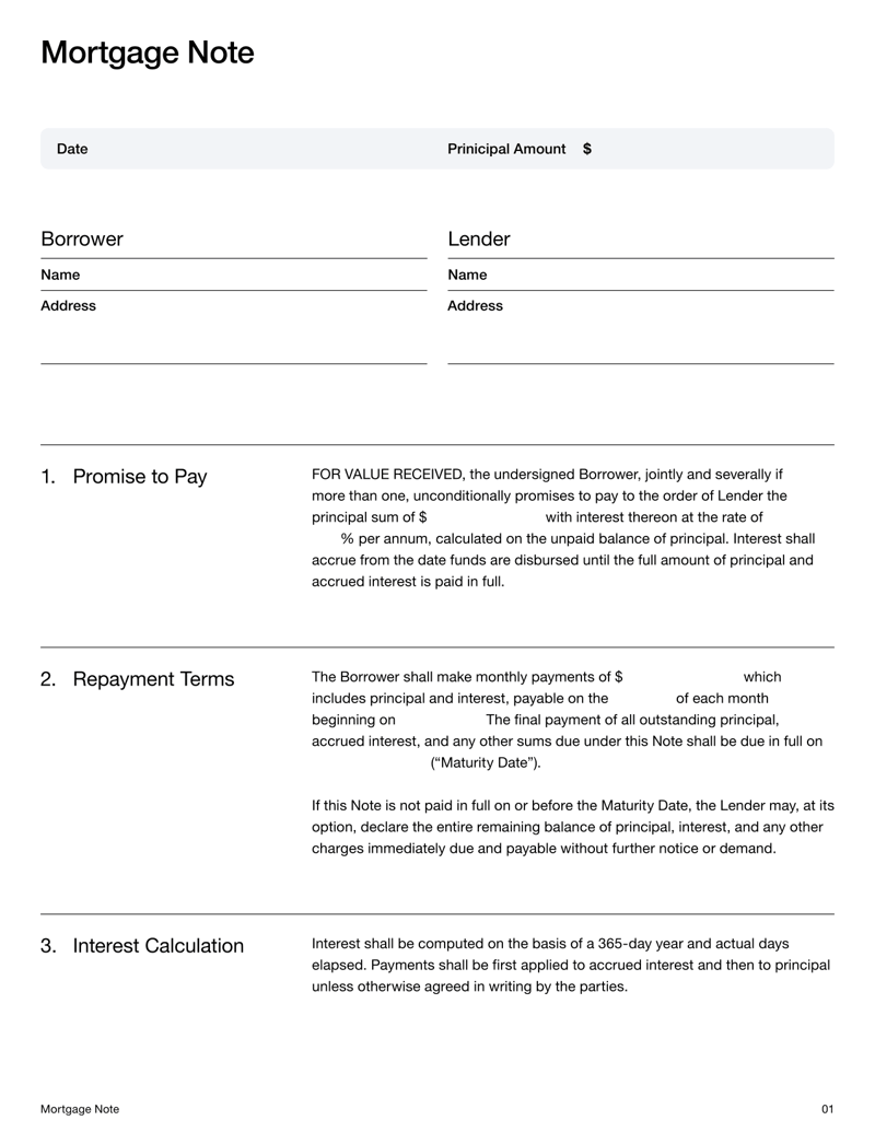 Mortgage Note Template outlining loan terms, interest rate and repayment schedule