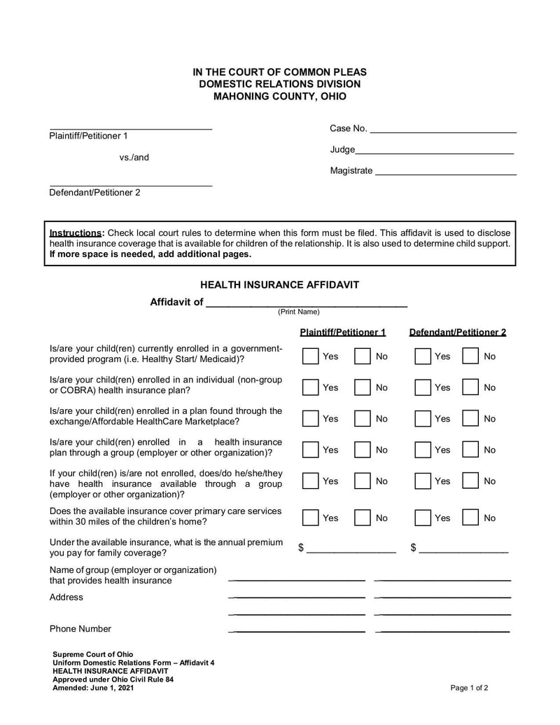 Large thumbnail of Uniform Domestic Relations Form Affidavit 4 (Health Insurance Affidavit) - Jul 2021