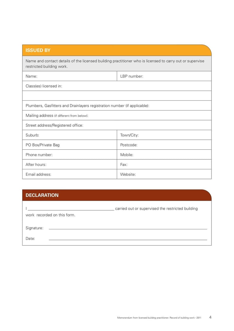 Large thumbnail of Memorandum from Licensed Building Practitioner: Record of Building Work Form - Jun 2012
