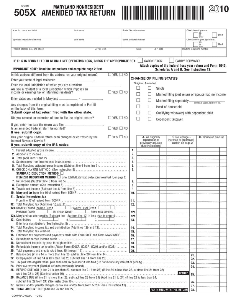 Large thumbnail of Maryland Tax Form 505X - Feb 2020
