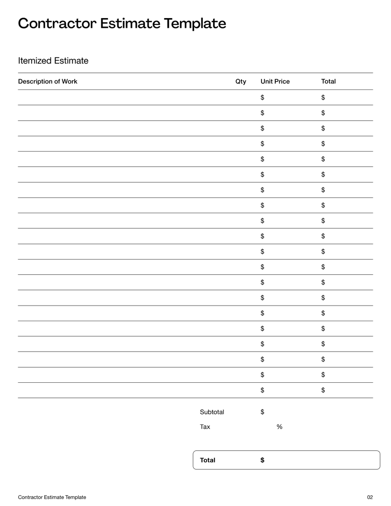 Contractor Estimate showing project details, cost breakdown and contractor information