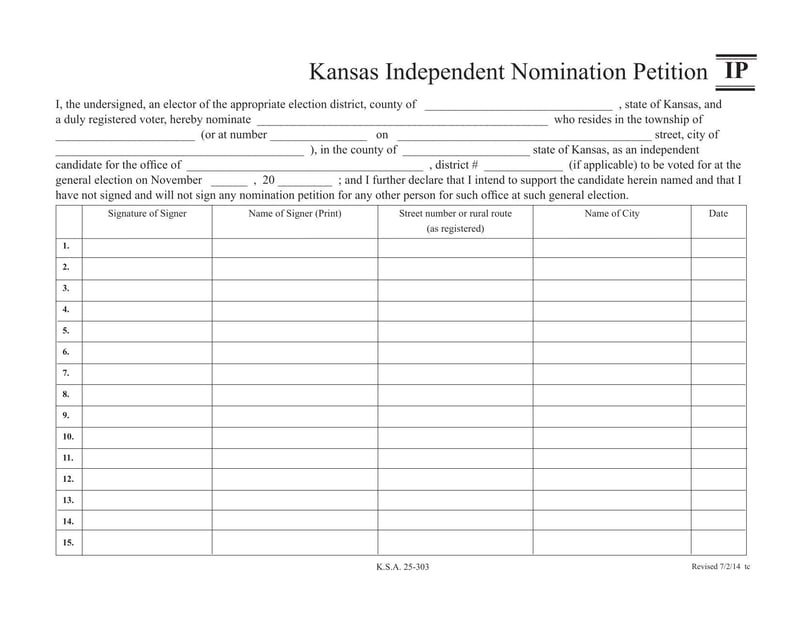 Large thumbnail of Kansas Independent Nomination Petition