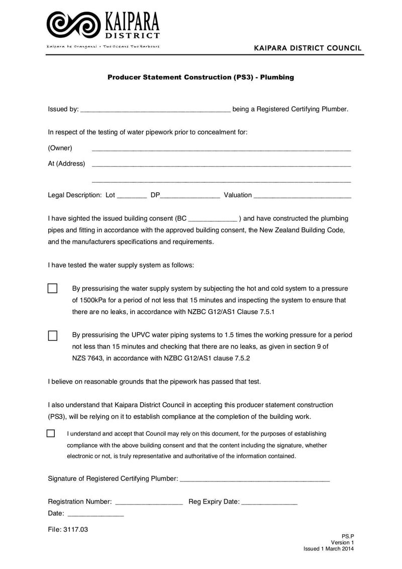 Large thumbnail of Producer Statement Construction (PS3) - Plumbing Form - Mar 2014