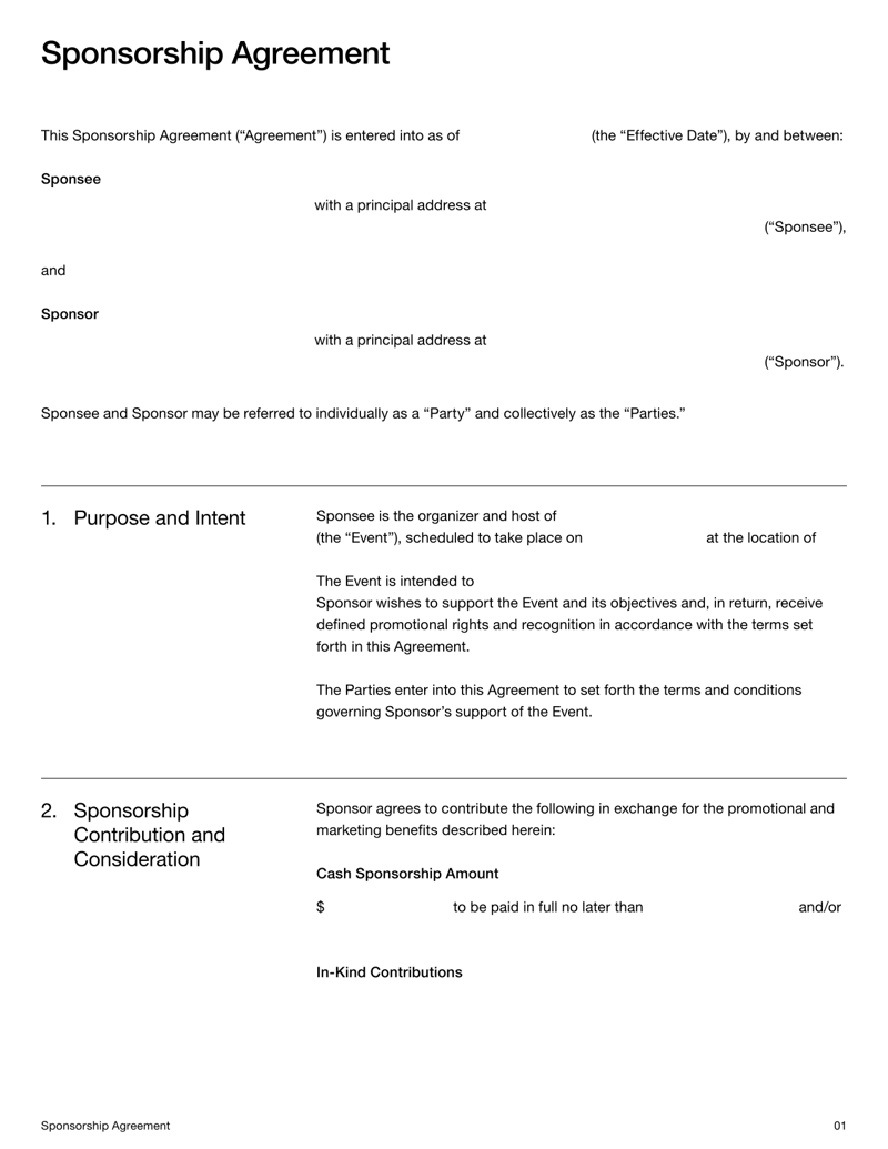 Sponsorship Agreement for defining sponsor contributions and event promotion terms