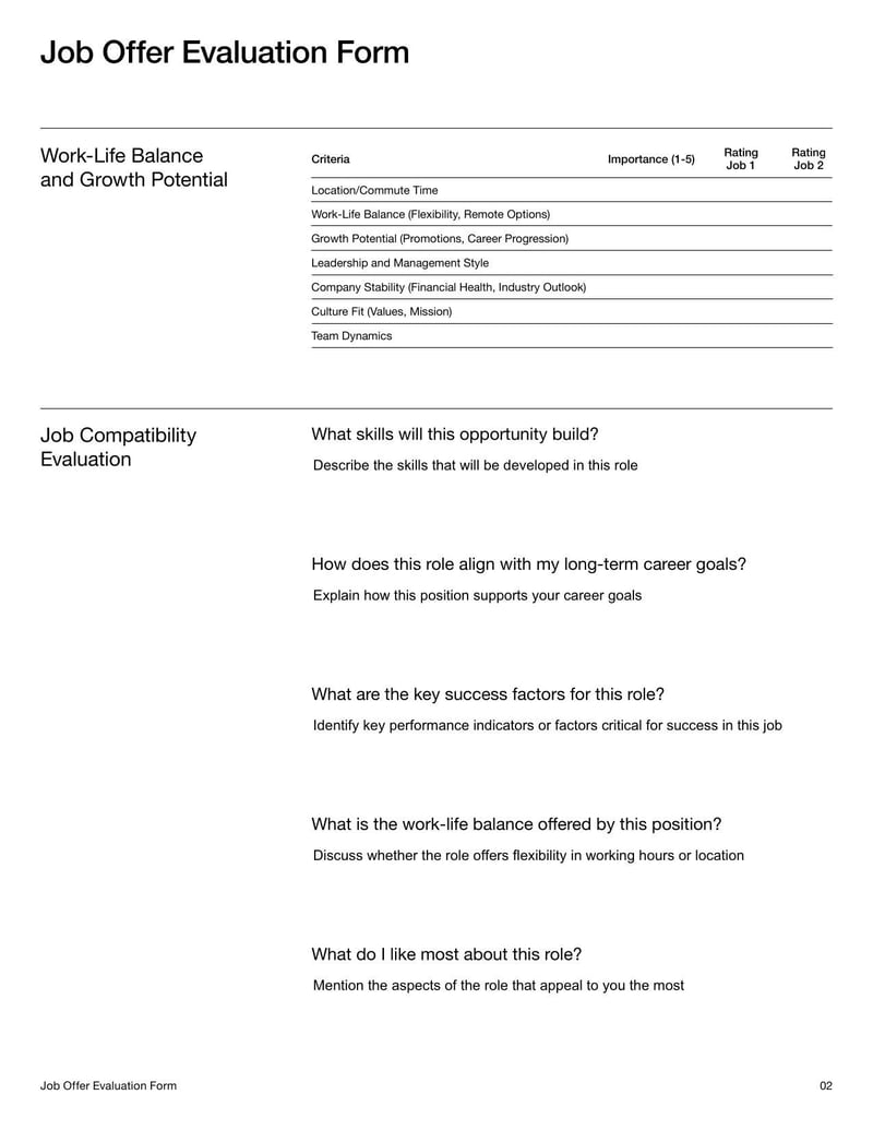 Job Offer Evaluation Form to compare multiple job opportunities