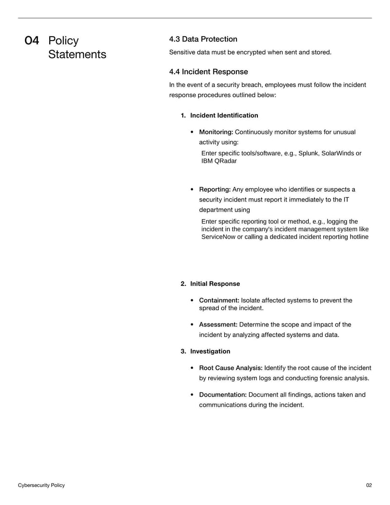 Cybersecurity Policy Document detailing data protection, password management, and IT security practices