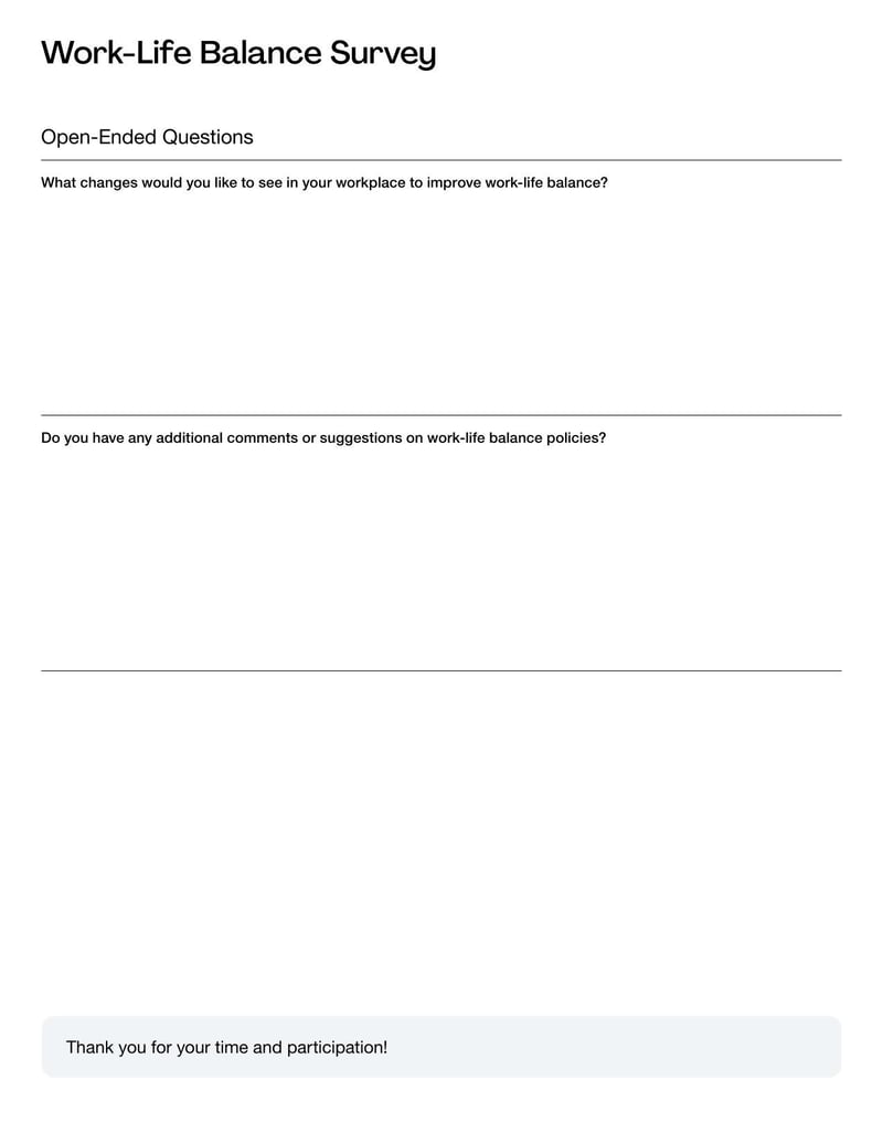 Work-Life Balance Survey Questions for evaluating how effectively employees manage work responsibilities alongside personal life