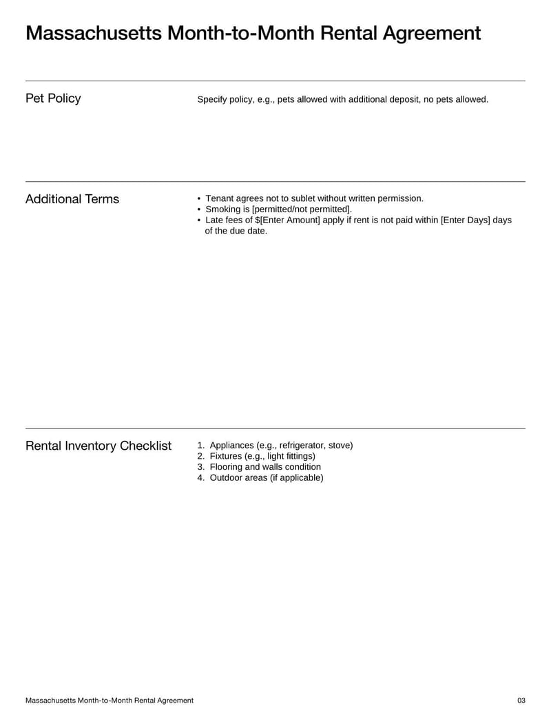 Massachusetts Month-to-Month Rental Agreement for outlining flexible lease terms, rent payments, security deposits, and termination procedures