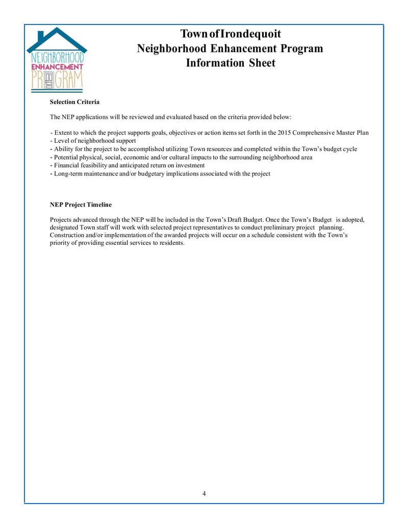 Large thumbnail of Town of Irondequoit Neighborhood Enhancement Program Project Application Form - Sep 2018