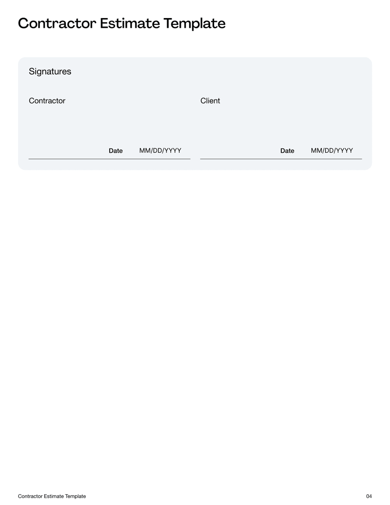 Contractor Estimate showing project details, cost breakdown and contractor information