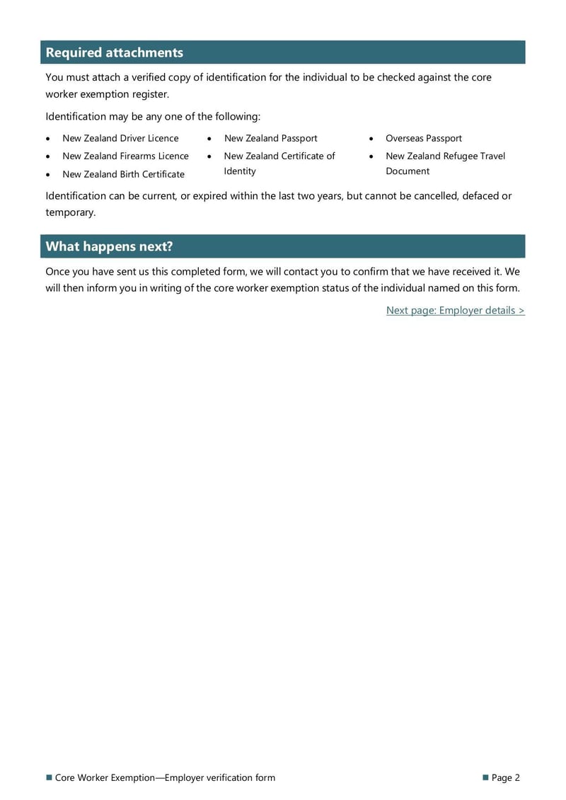 Large thumbnail of Core Worker Exemption Employer Verification Form - Sep 2021