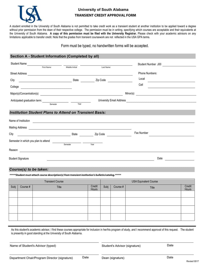 Large thumbnail of University of South Alabama Transient Credit Approval Form