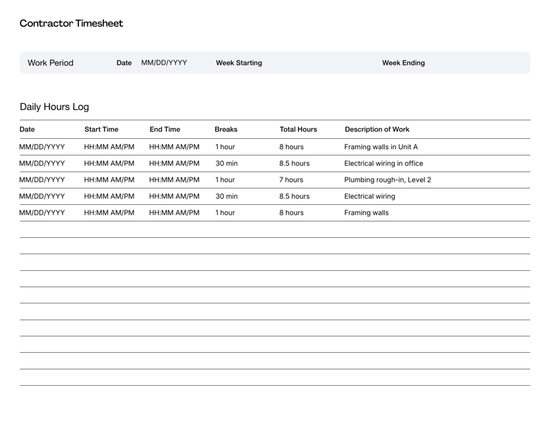 Contractor Timesheet with sections for contractor information, daily hours, tasks and supervisor approval