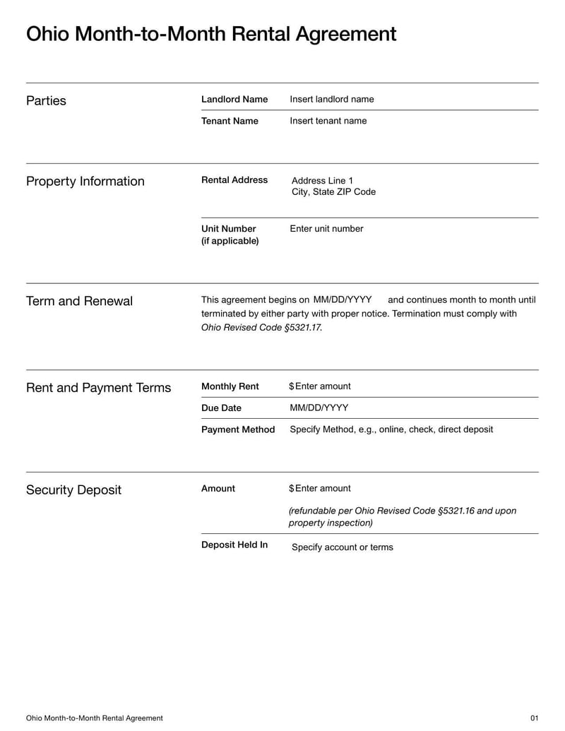 Ohio Month-to-Month Rental Agreement for outlining flexible lease terms, rent payments, security deposits, and termination procedures