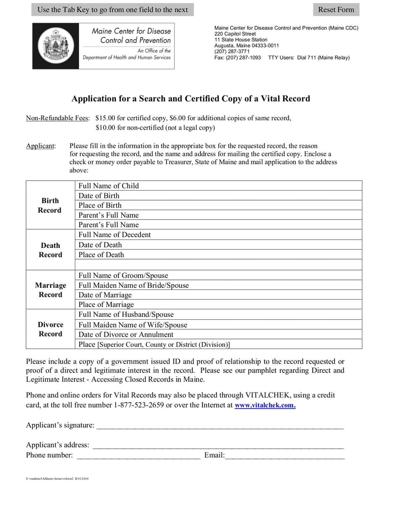 Large thumbnail of Application for a Search and Certified Copy of a Vital Record - Feb 2014