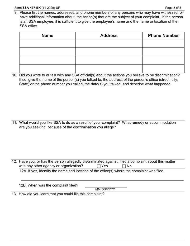 Thumbnail of Complaint Form for Allegations of Program Discrimination by the Social Security Administration (Form SSA-437-BK) - Dec 2021 - page 4